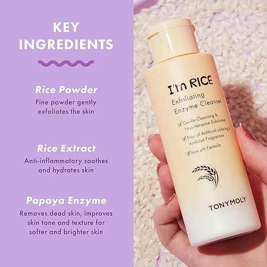 TONYMOLY I'm Rice Exfoliating Enzyme Cleanser, Rice Powder Face Wash, Gentle AHA Cleanser, Papaya Enzyme Scrub & Brightening Mask - Koraya Beauty