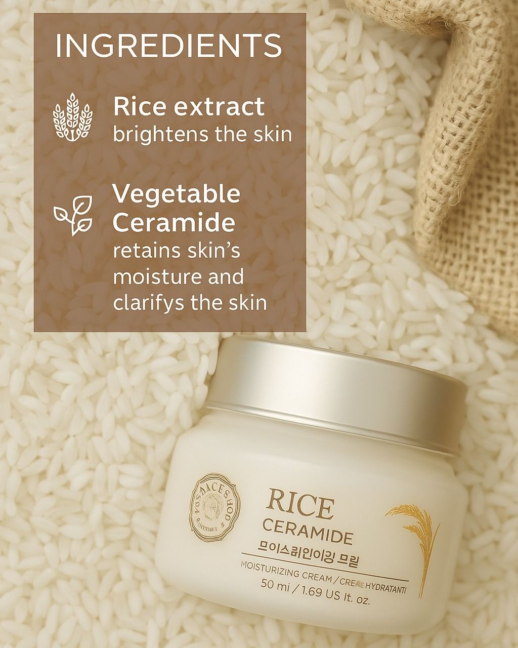THE FACE SHOP Rice & Ceramide Moisturizer - Korean Day Cream for Barrier Repair & Glass Skin Glow