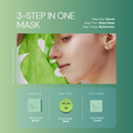 Promotional graphic for a 3-step acne repair skincare routine with a woman wearing a green sheet mask.