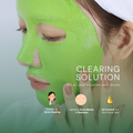 Person wearing a green face mask with text about skincare benefits on a light background