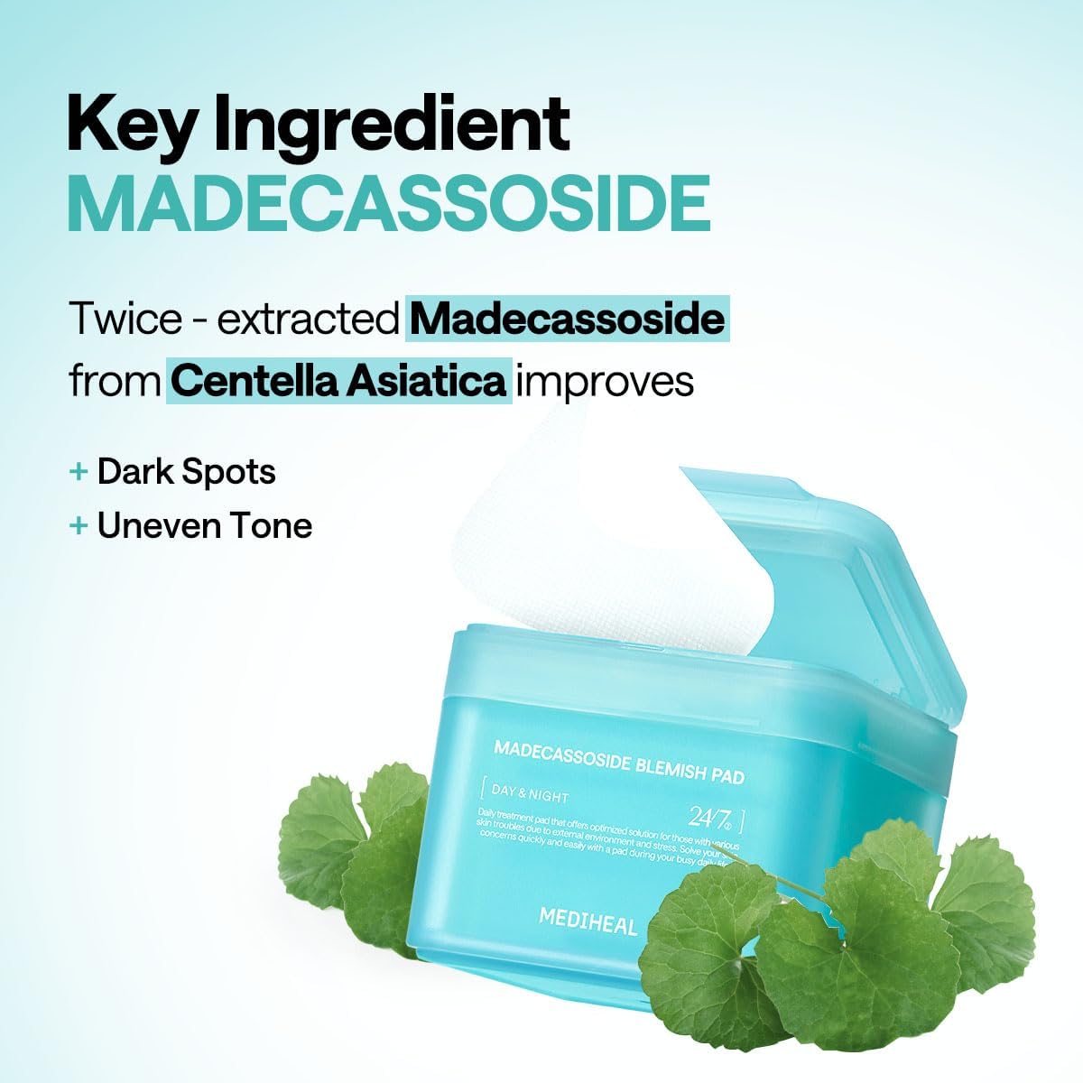 MEDIHEAL Madecassoside Toner Pads - with Centella Asiatica to Treat Blemishes and Improve Uneven Skin Tone