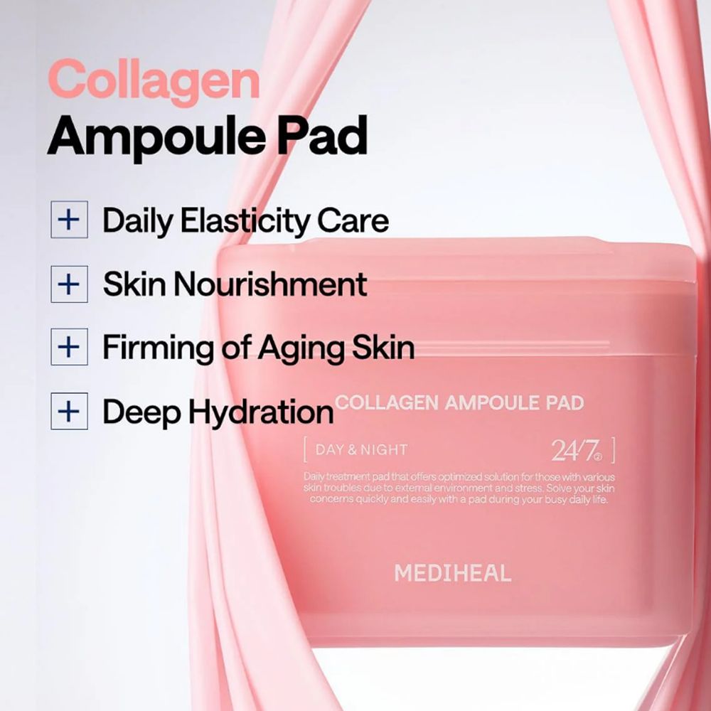 MEDIHEAL Collagen Ampoule Facial Toner Pads- Collagen & Ceramide, Skin Firming & Restore Elasticity & Deep Hydration