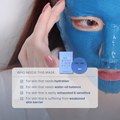 Person wearing a blue face mask with text about mask benefits on a white background
