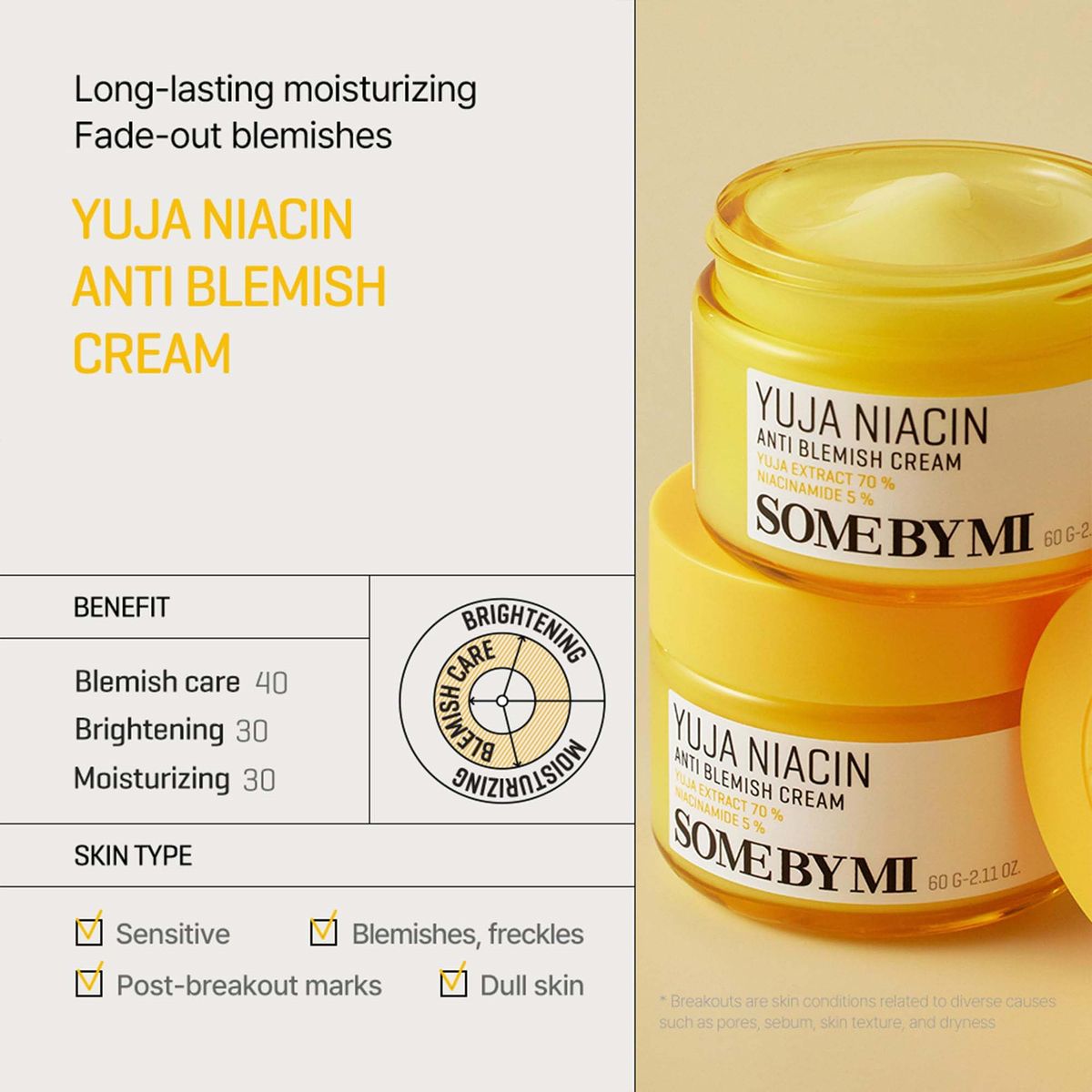 SOME BY MI Yuja Niacin Anti Blemish Cream – Korean 5% Niacinamide Face Moisturizer to Brighten Dull-Looking Skin – Dark Spot Remover with Alpha-Bisabolol for Face