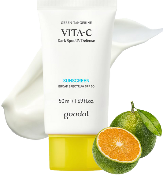 GOODAL Green Tangerine Vita-C Dark Spot UV Defense Sunscreen SPF 50, Daily Skin Care Korean Sunscreen for Face,No White Cast