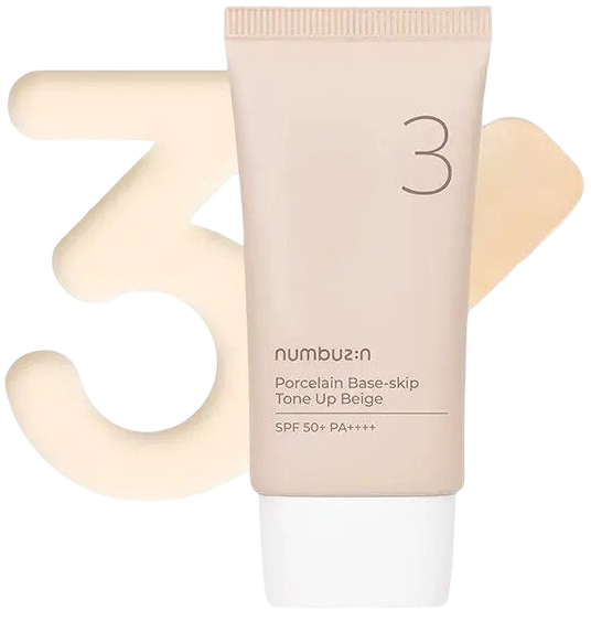NUMBUZIN No.3 Porcelain Base-skip Tone Up Beige, SPF50+ PA++++, Lightweight, Hydrating, Sheer, Natural Finish, Evens Skin Tone