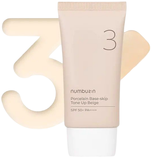 NUMBUZIN No.3 Porcelain Base-skip Tone Up Beige, SPF50+ PA++++, Lightweight, Hydrating, Sheer, Natural Finish, Evens Skin Tone