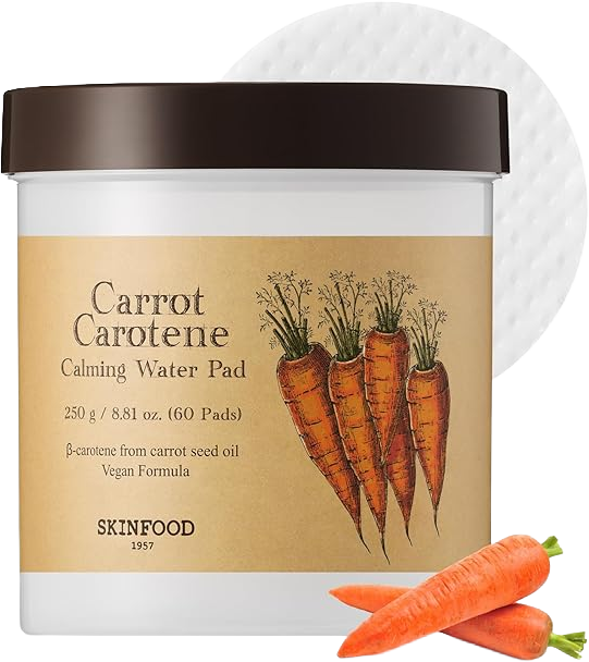 SKINFOOD Carrot Carotene Calming Water Toner Pads, Korean Skin Care Toner Pad for Face, Deep Hydrating, Soothing, After Sun Skincare for Sensitive Skin, Redness Relief, 100% Cotton - Koraya Beauty