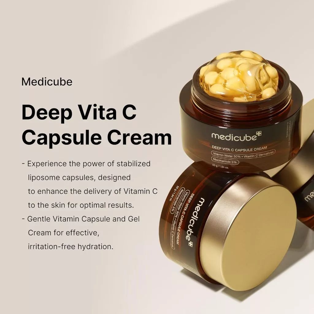 MEDICUBE Deep Vitamin C Golden Capsule Face Moisturizer, Liposome Capsules For Wrinkles, Skin Radiance, Transparent Gel for Glow Hydration